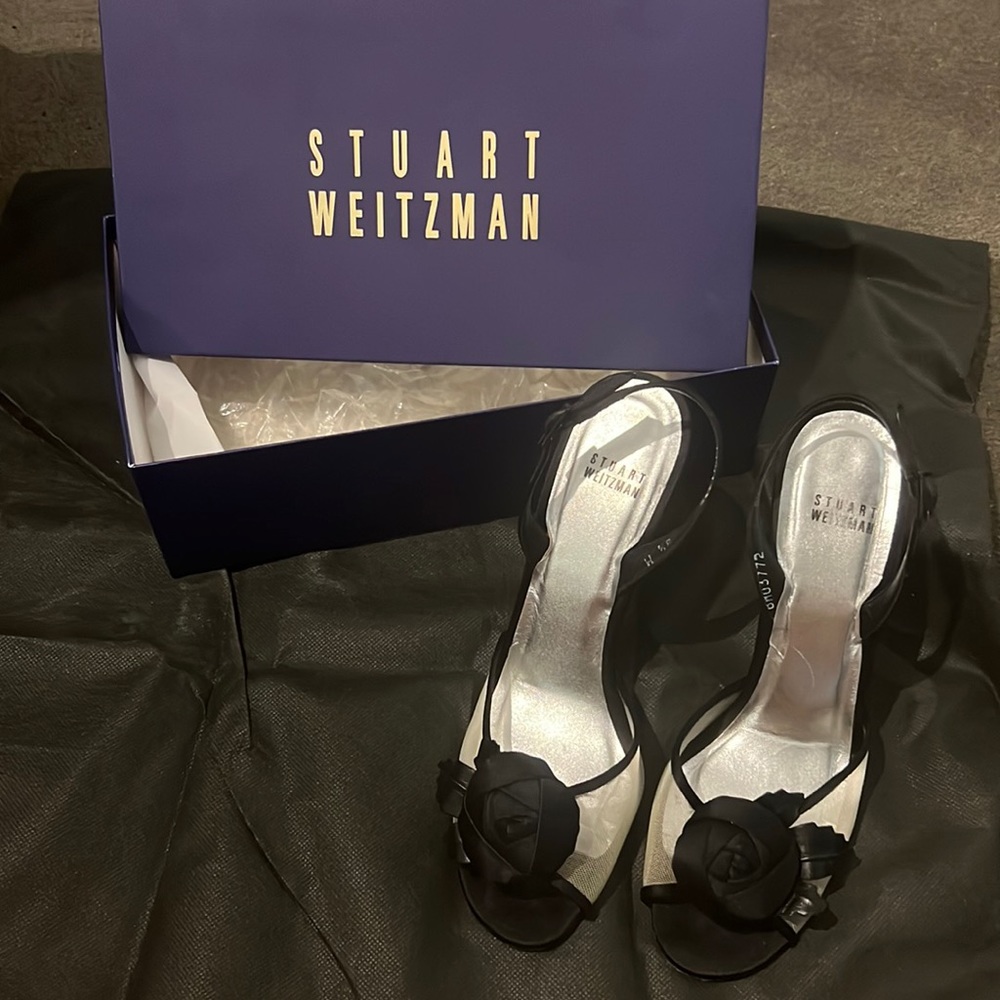 Stuart Weitzman black sling back rose detail sandal